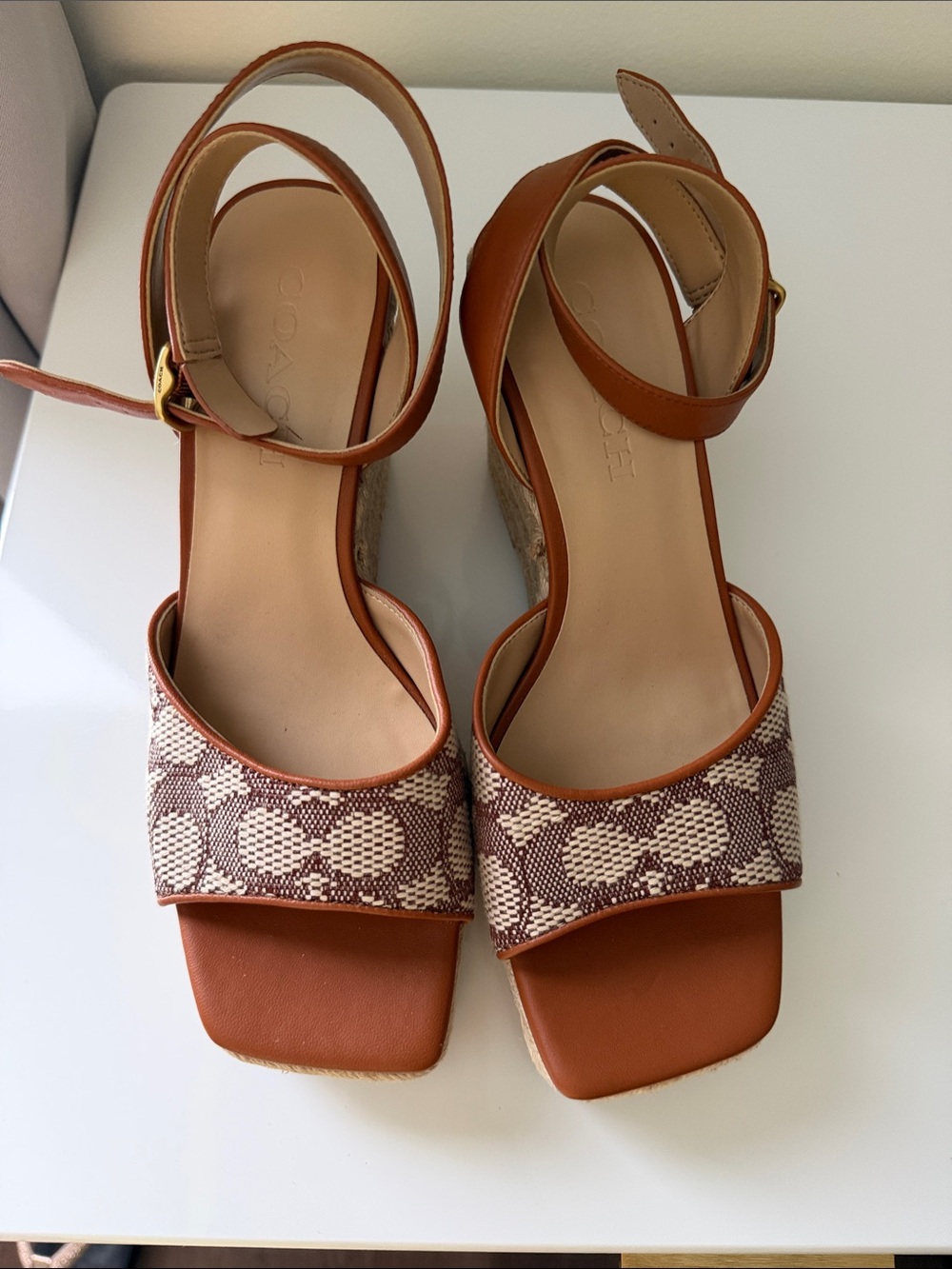 Coach Tan and Cream Logo Platform Wedge Sandals with Ankle Strap